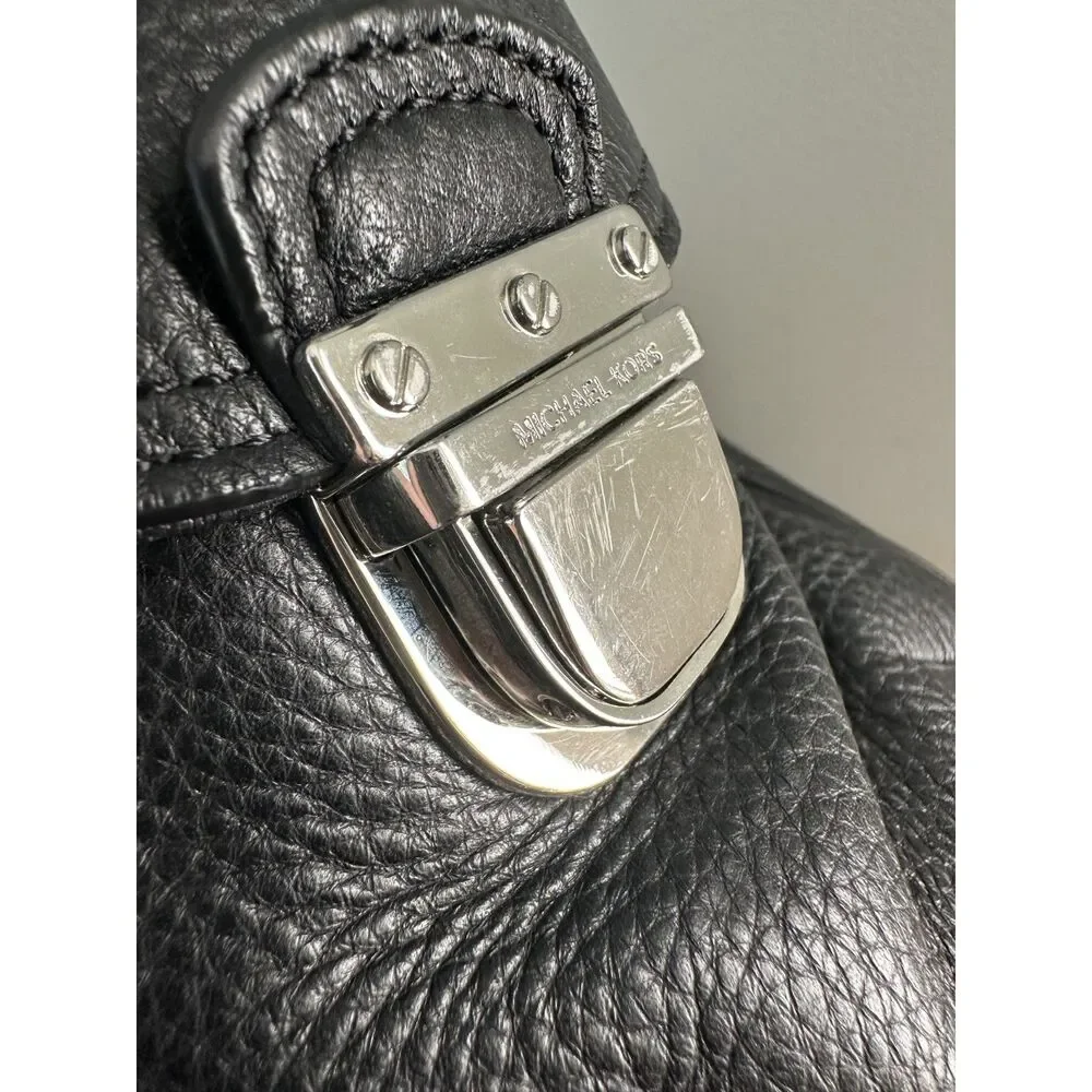 Michael Kors Black Pebbled Leather Hobo Shoulder Bag Silver Hardware MK Charm